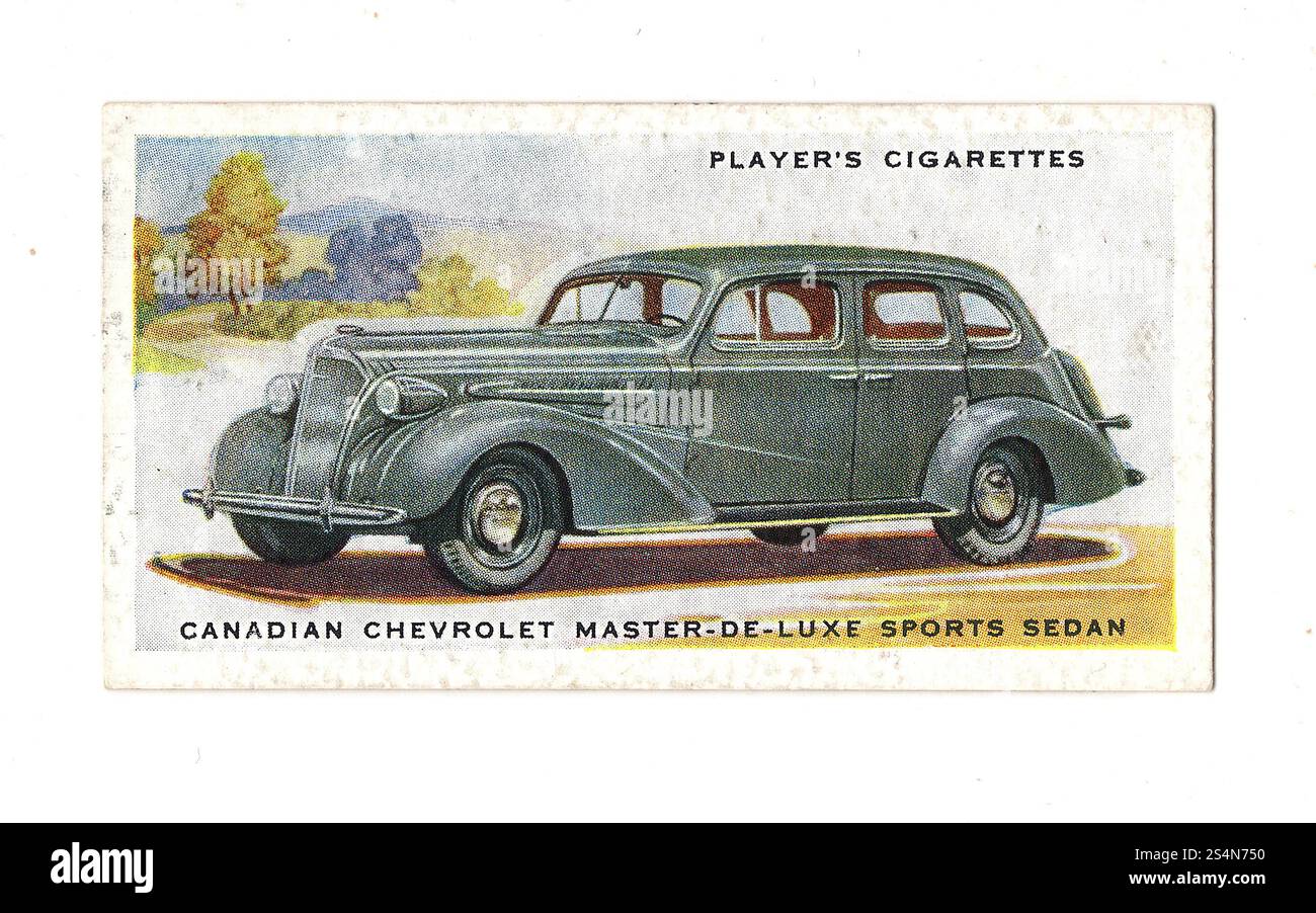 Un'antica carta di sigarette Motor Car che illustra una berlina sportiva canadese Chevrolet su sfondo bianco. Foto Stock