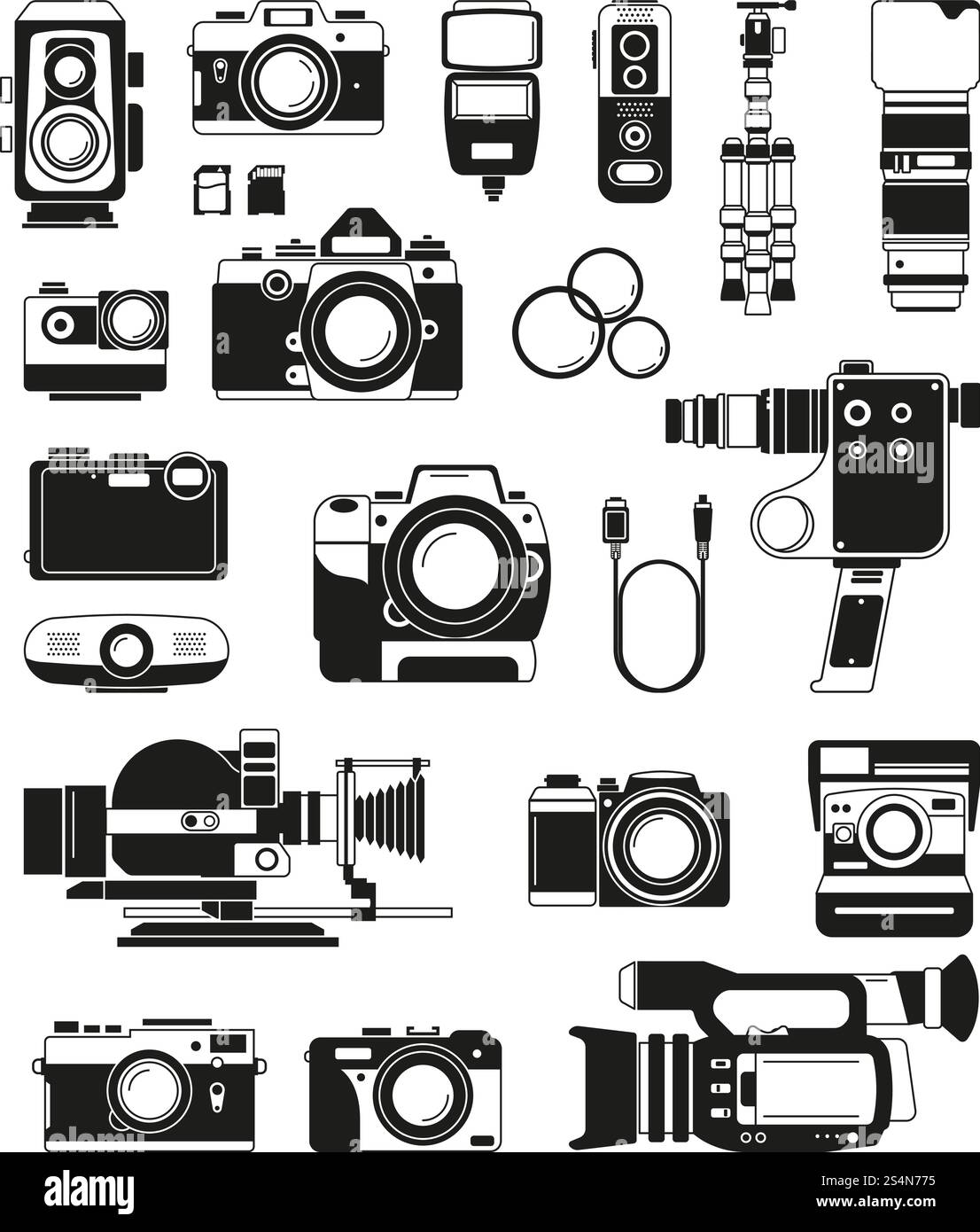 Videocamere e fotocamere e diversi accessori professionali. Illustrazioni monocromatiche vettoriali. Foto e video della fotocamera, flash digitale dell'attrezzatura e illustrazione del cavalletto. Videocamere e fotocamere e diversi accessori professionali. Illustrazioni monocromatiche vettoriali Illustrazione Vettoriale