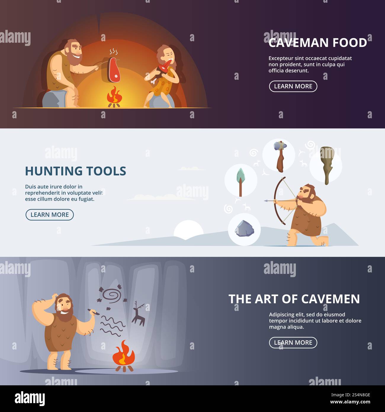 Caveman e donna in epoca preistorica. Banner impostati con la posizione per il testo. Donna primitiva e neanderthal con arma, illustrazione vettoriale. Caveman e donna in epoca preistorica. Banner impostati con la posizione per il testo Illustrazione Vettoriale