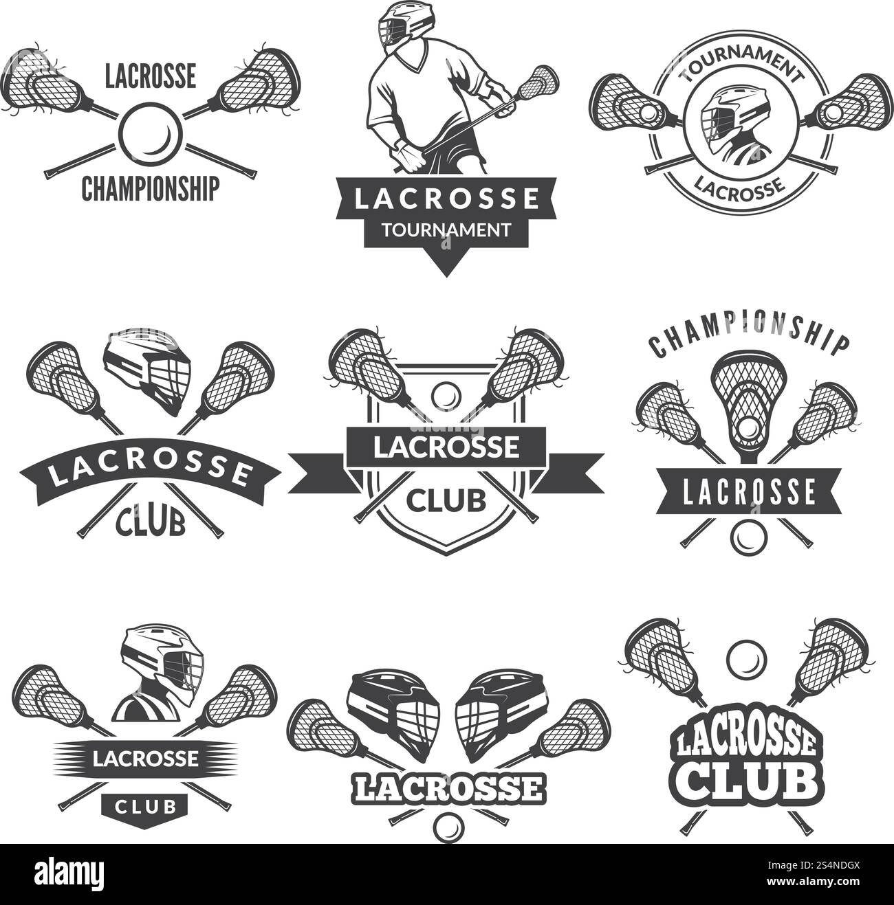 Loghi vettoriali o etichette per la squadra di lacrosse nelle università sportive. Illustrazione del club della squadra con il distintivo di lacrosse. Loghi vettoriali o etichette per la squadra di lacrosse nelle università sportive Illustrazione Vettoriale