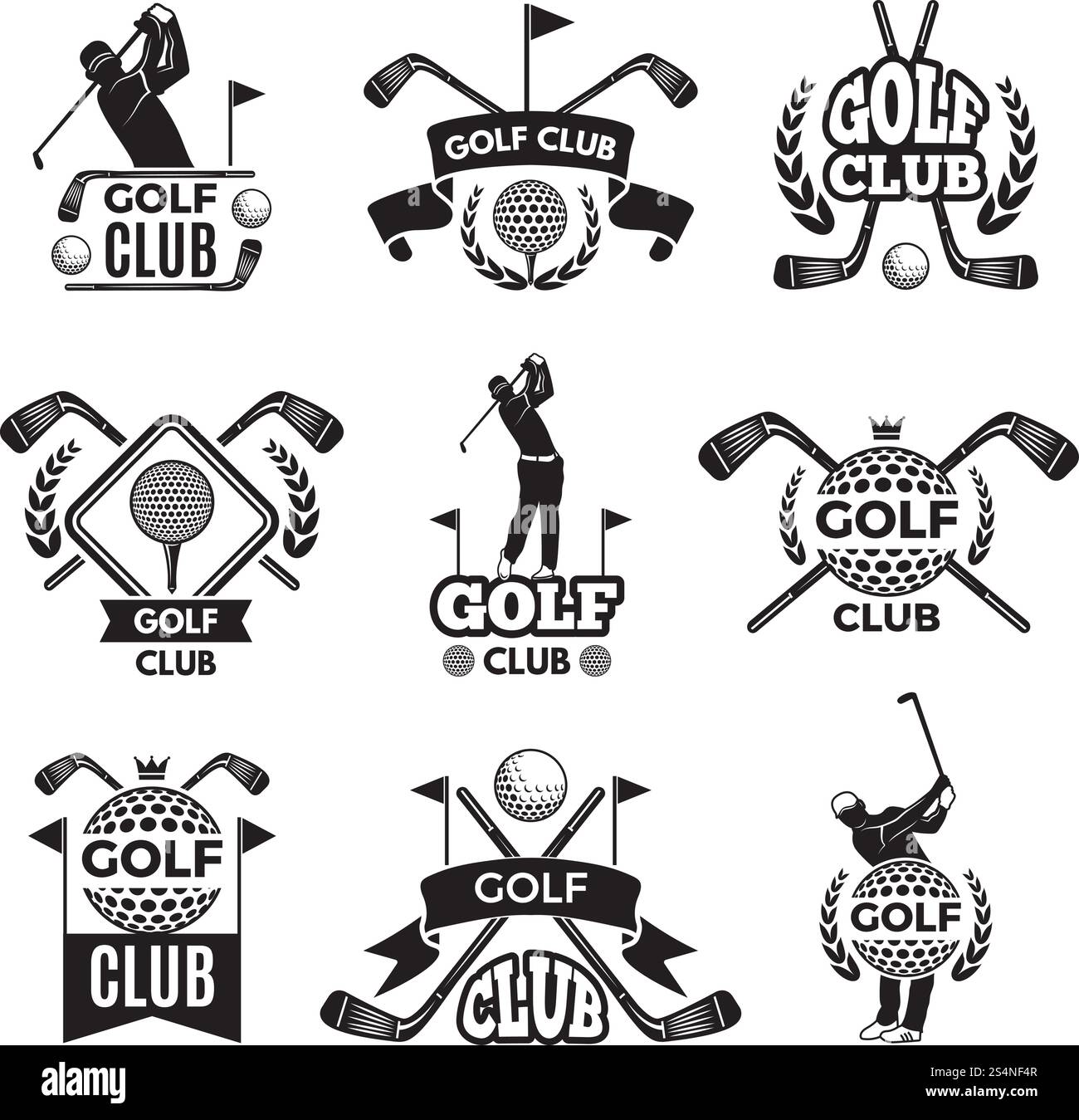 Badge o loghi per mazze da golf. Immagini monocromatiche isolate su bianco. Vector sport golf club, illustrazione del simbolo del golf. Badge o loghi per mazze da golf. Immagini monocromatiche isolate su bianco Illustrazione Vettoriale