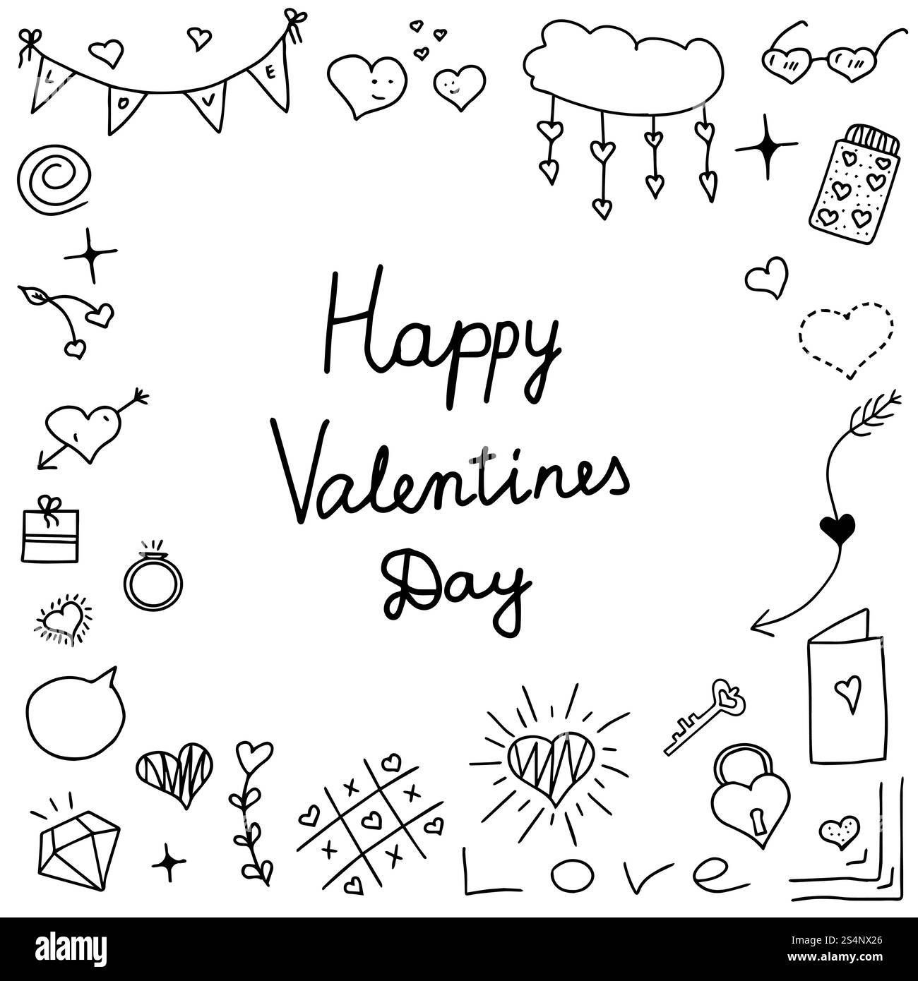 Scarabocchi il giorno di San Valentino su sfondo bianco. L'iscrizione San Valentino. Illustrazione Vettoriale