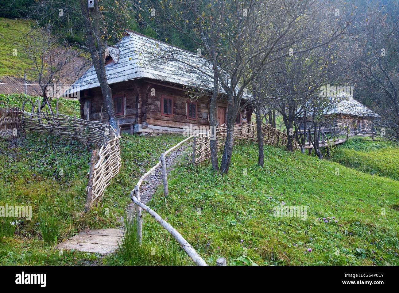 Autunno misty villaggio di montagna con casa in legno (Carpazi , Ucraina). Foto Stock