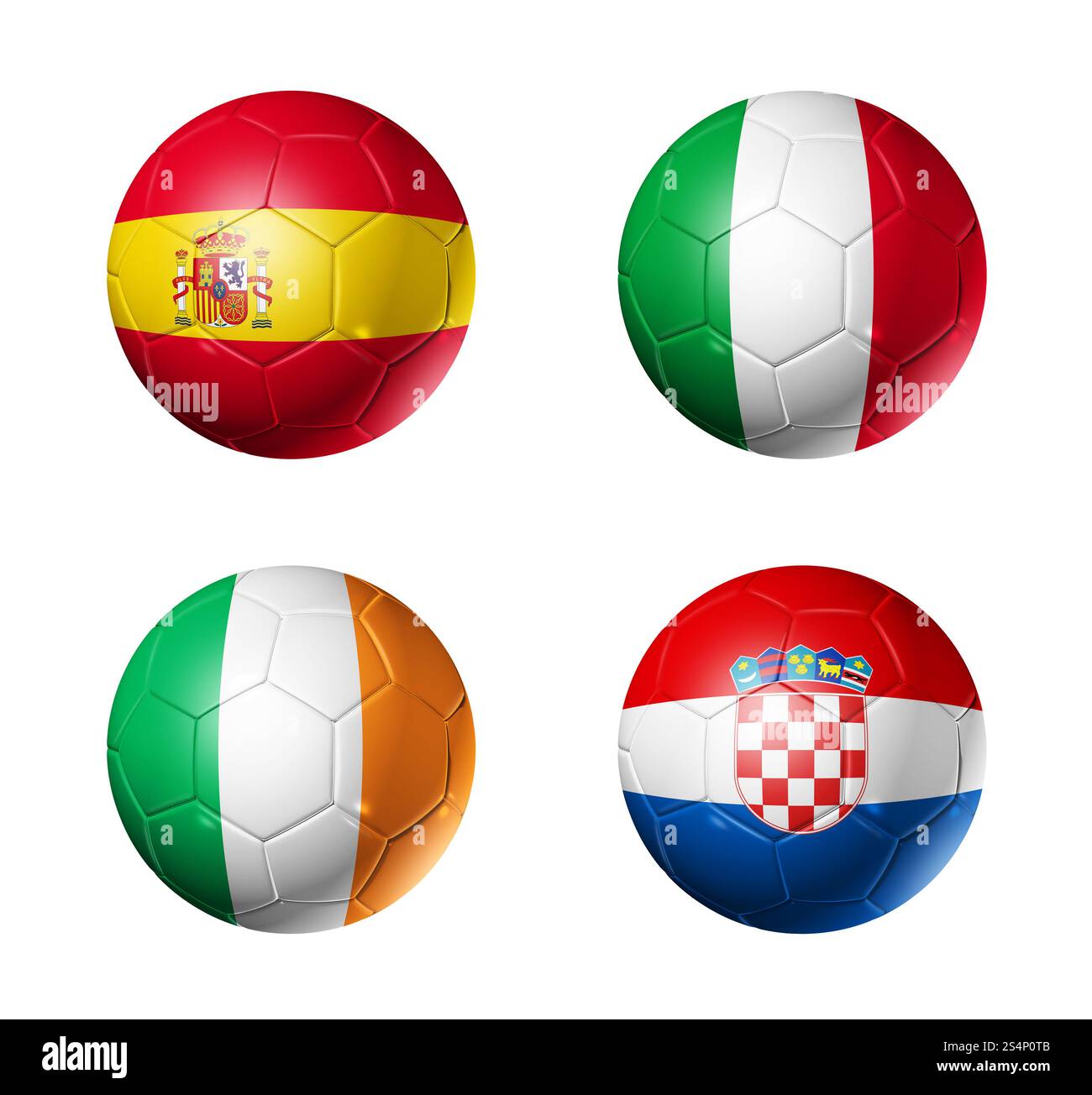 Palloni da calcio 3D con bandiere delle squadre del gruppo C. Coppa UEFA euro 2012. isolato su bianco. Coppa UEFA euro 2012 - gruppo C bandiere sulle palle da calcio Foto Stock
