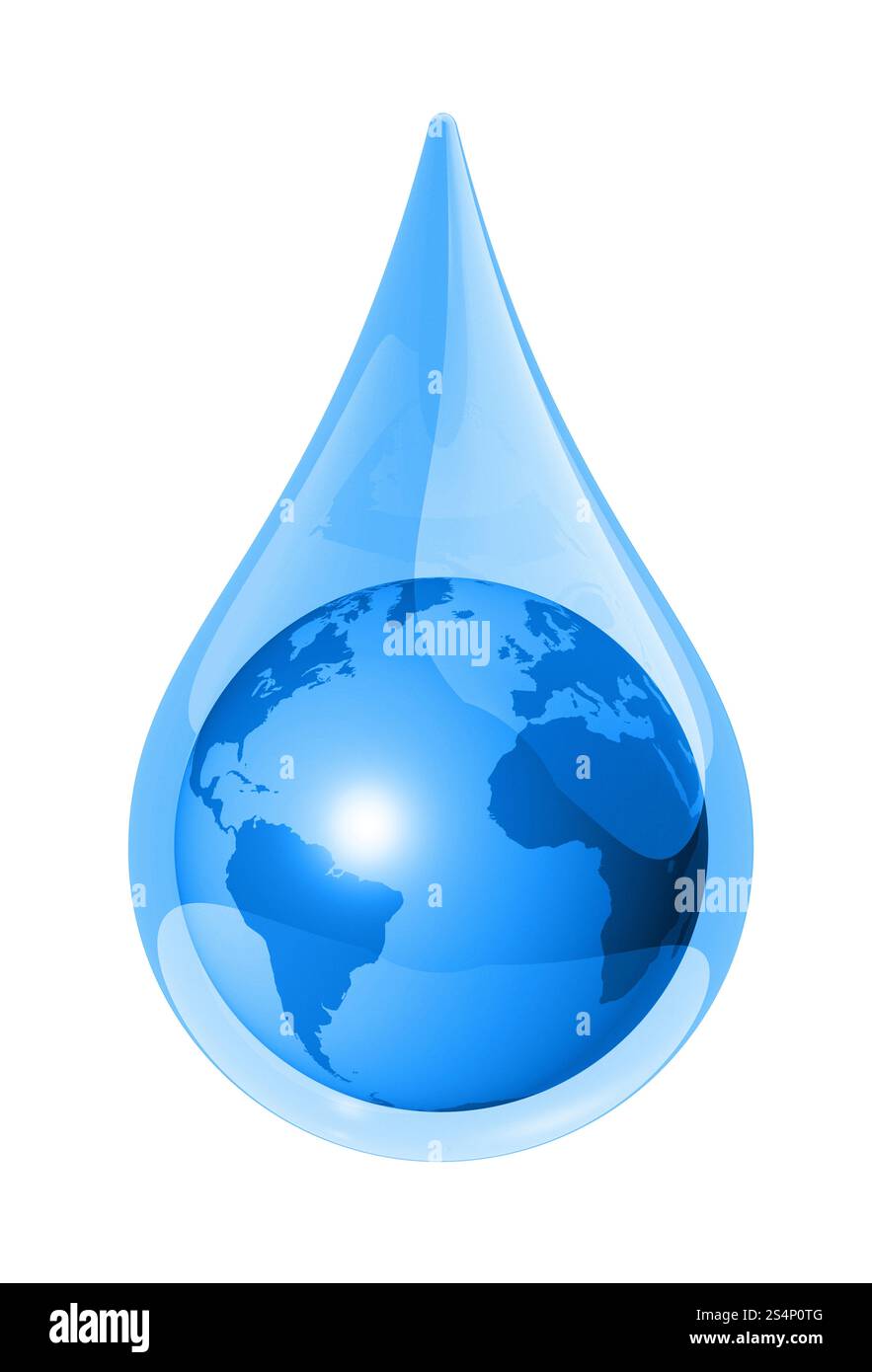 mappa mondiale del globo in una goccia d'acqua isolata sul bianco. Simbolo di ecologia 3D. goccia d'acqua terrestre Foto Stock