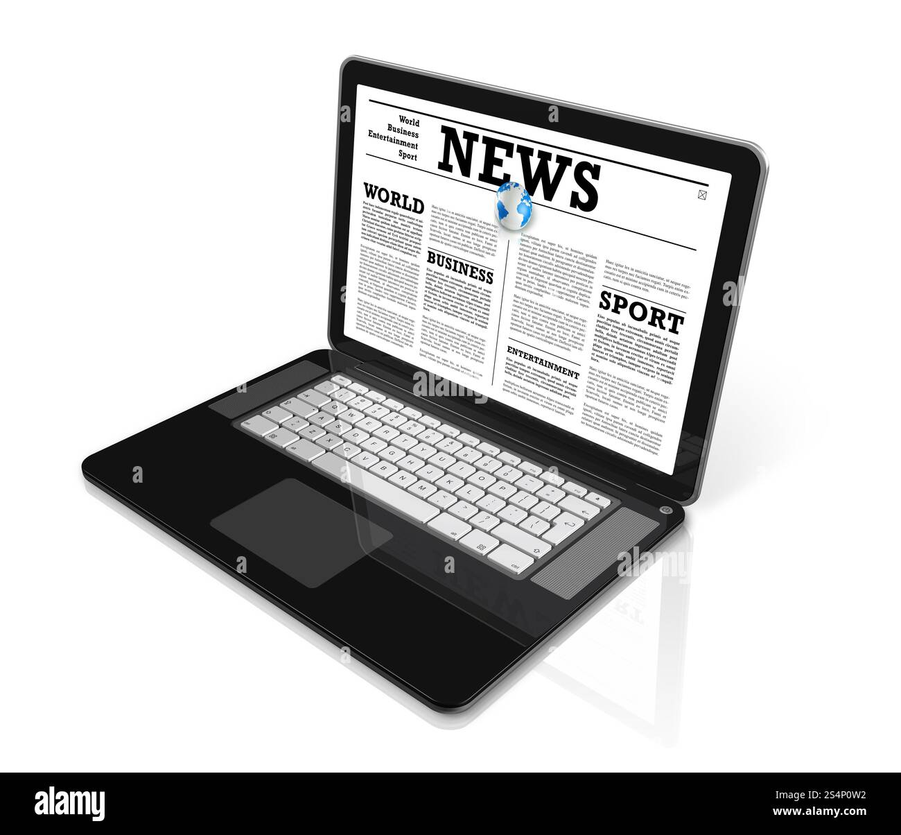 Notizie su un computer portatile isolato in bianco con 2 percorsi di ritaglio: Uno per la scena globale e uno per lo schermo. Notizie su un computer portatile isolato Foto Stock