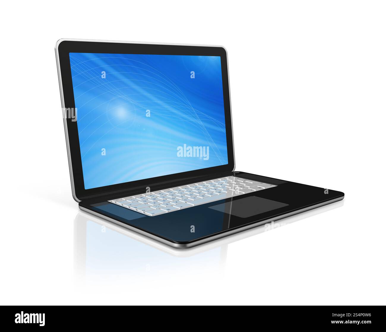 Computer portatile nero 3D isolato sul bianco con 2 percorsi di ritaglio: Uno per la scena globale e uno per lo schermo. Computer portatile nero isolato su bianco Foto Stock