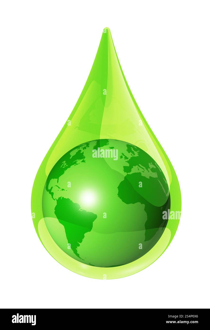 mappa mondiale del globo in una goccia d'acqua isolata sul bianco. Simbolo di ecologia 3D. goccia d'acqua terrestre Foto Stock