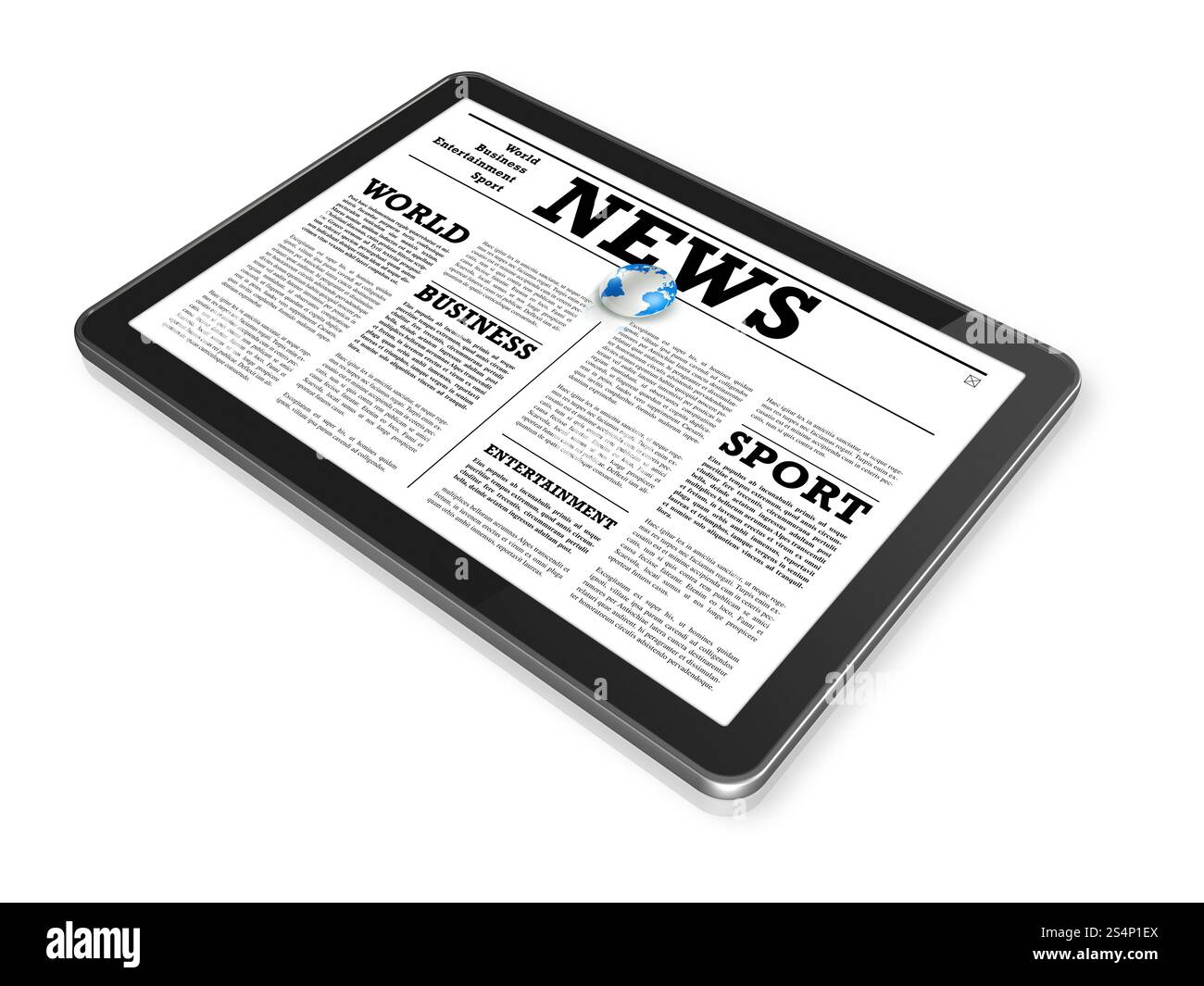 Notizie su un tablet pc digitale - isolato sul bianco con 2 percorsi di ritaglio: Uno per la scena globale e uno per lo schermo. Notizie su un tablet digitale Foto Stock