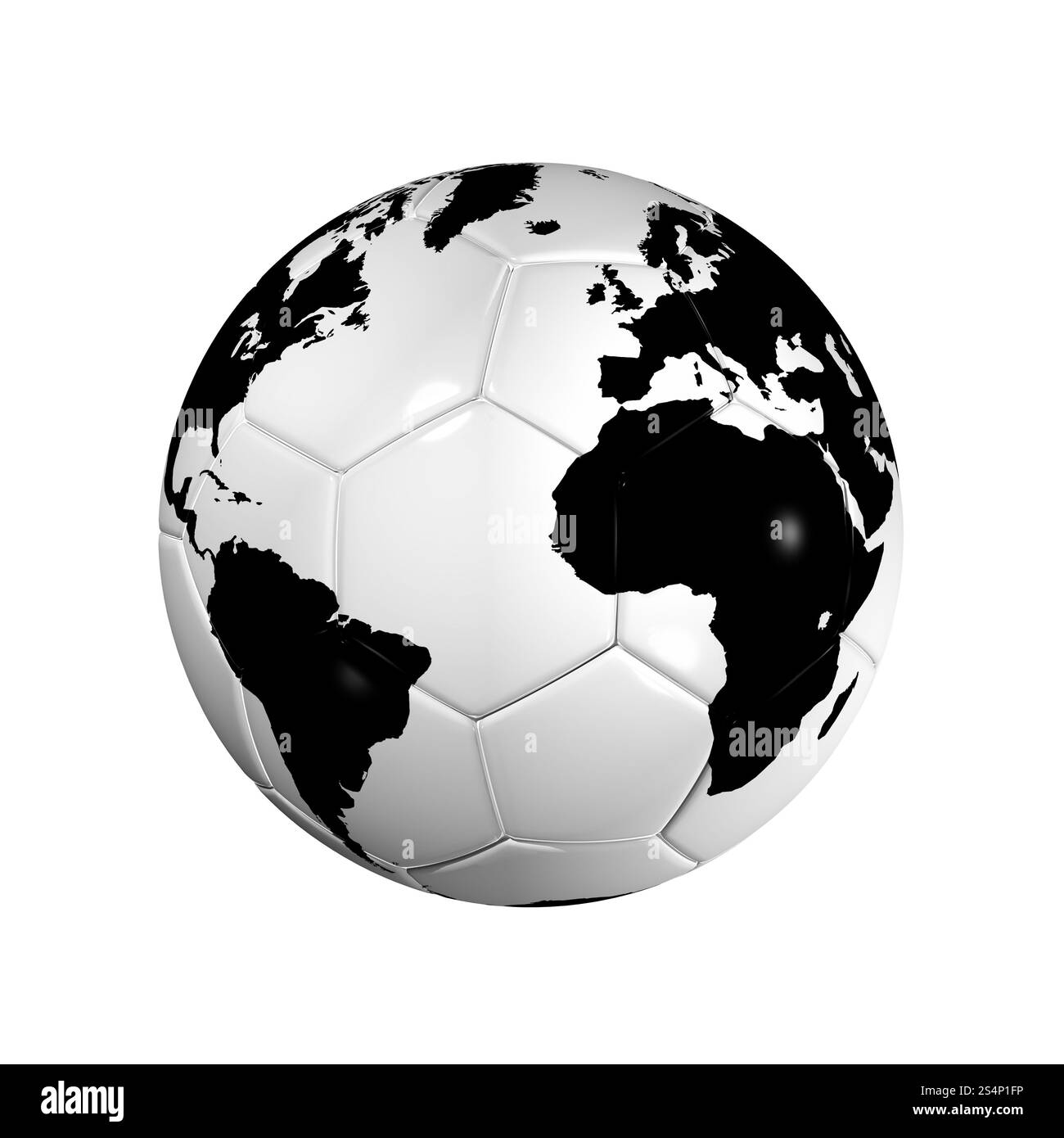 Palla da calcio in bianco e nero isolato in 3D con mappa del mondo, coppa del mondo 2010. Pallone da calcio World Globe Foto Stock