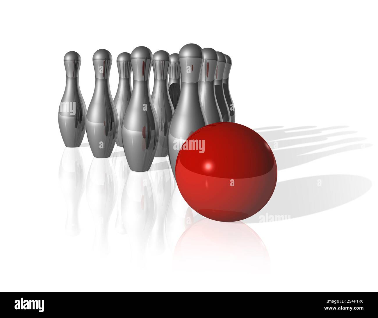 dieci birilli da bowling in metallo e palla rossa su sfondo bianco - illustrazione tridimensionale. Bowling 3D. Foto Stock