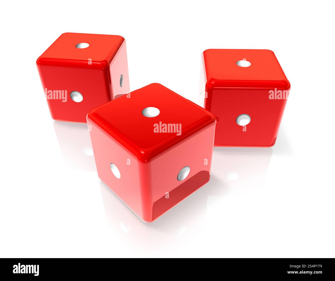 Tre dadi rossi 3D con un punto su tutti i lati. Un dado rosso Foto Stock