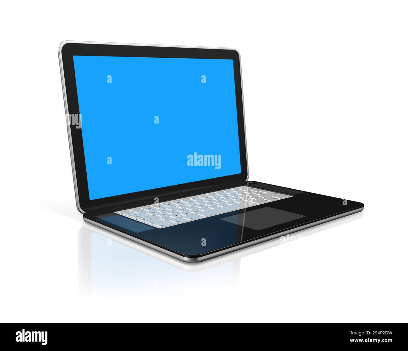 Computer portatile nero 3D isolato sul bianco con 2 percorsi di ritaglio: Uno per la scena globale e uno per lo schermo. Computer portatile nero isolato su bianco Foto Stock