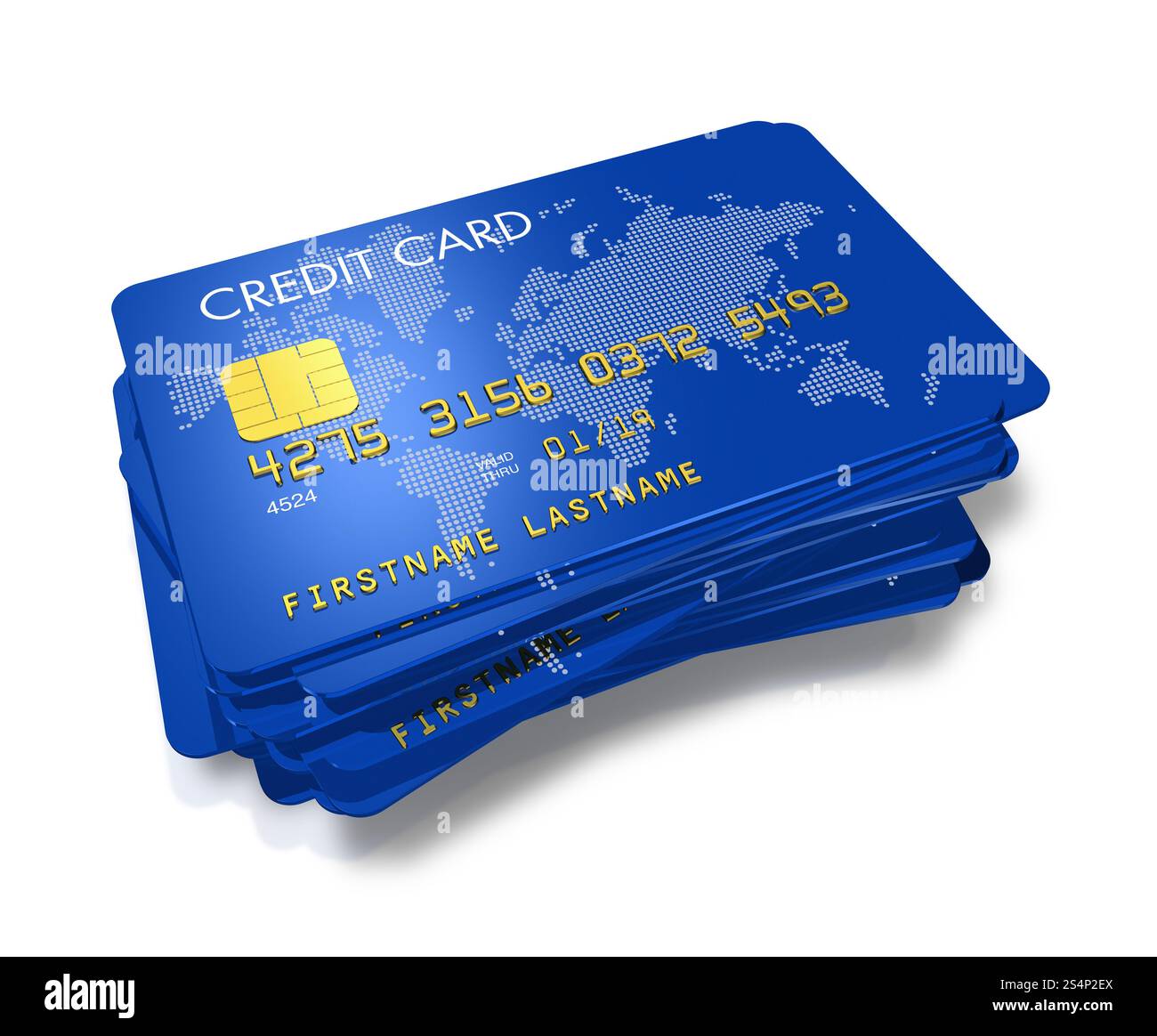 una pila di carte di credito blu con stampa world map isolata su bianco. una pila di carte di credito blu Foto Stock