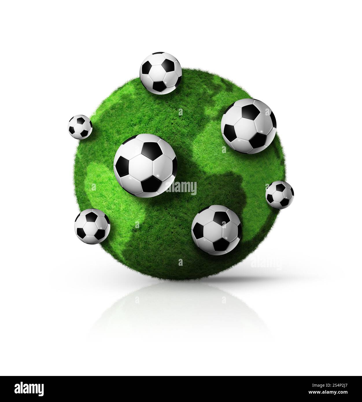 Globo in erba verde 3D con palline da calcio. globo verde con palle da calcio Foto Stock