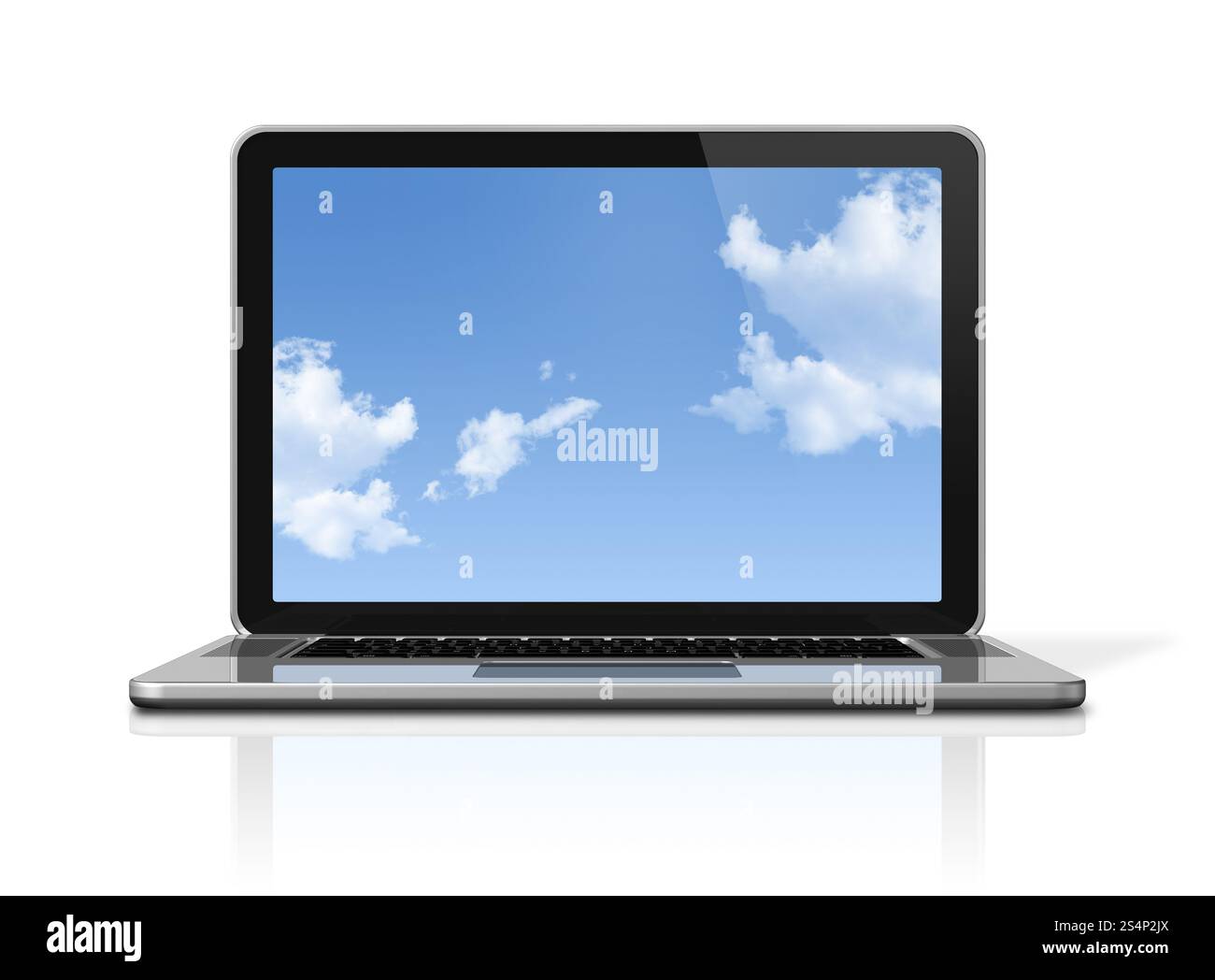 Computer portatile 3D con cielo sullo schermo isolato su bianco con 2 percorsi di ritaglio: Uno per la scena globale e uno per lo schermo. Computer portatile con cielo Foto Stock