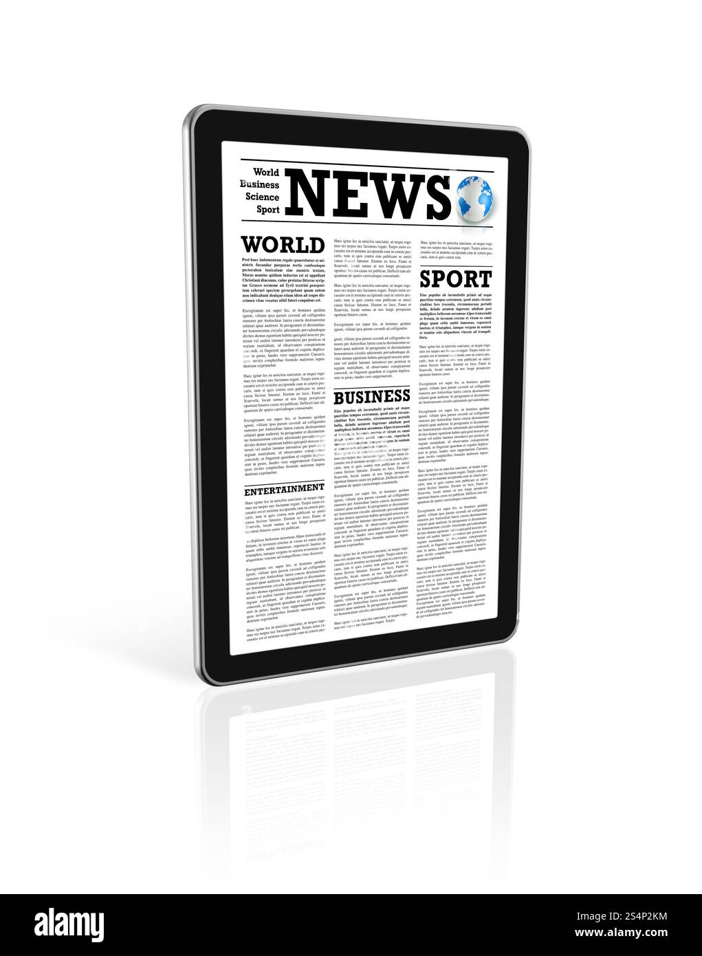 Notizie su un tablet pc digitale - isolato sul bianco con 2 percorsi di ritaglio: Uno per la scena globale e uno per lo schermo. Notizie su un tablet digitale Foto Stock