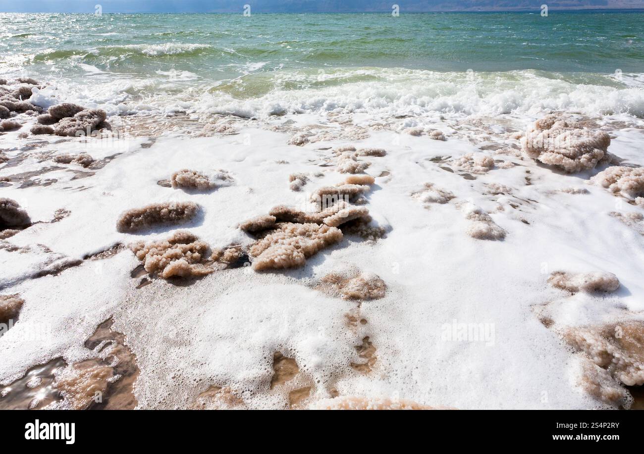 Sale cristallino sulla spiaggia del Mar Morto, Giordania Foto Stock