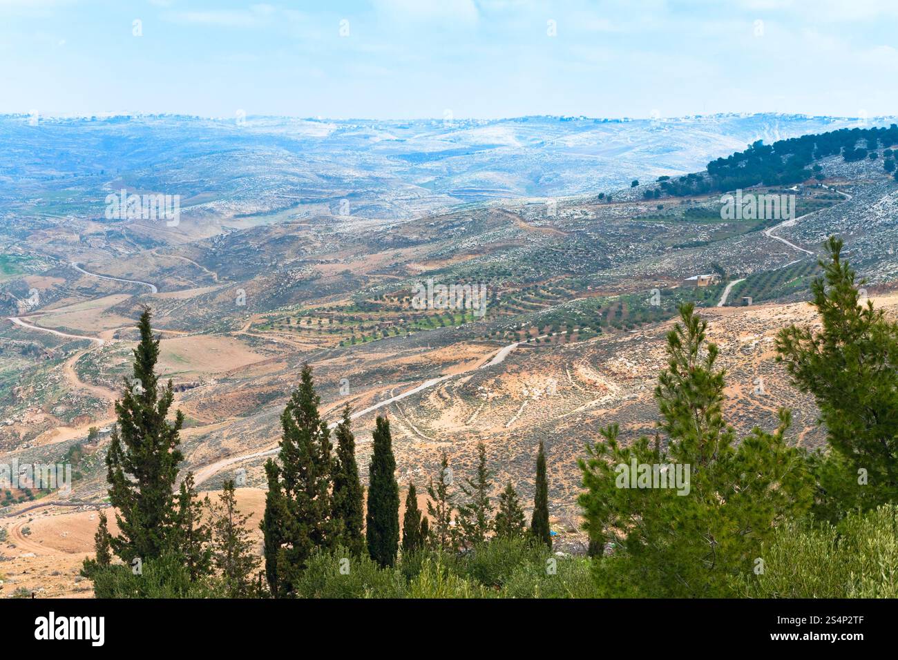 Vista della terra promessa dal Monte Nebo in Giordania Foto Stock
