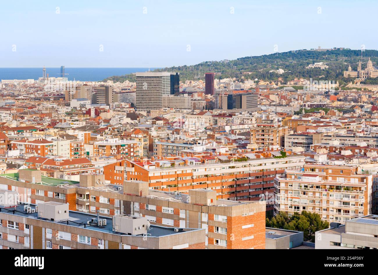 Vista di Barcellona e della collina Montjuic in serata Foto Stock