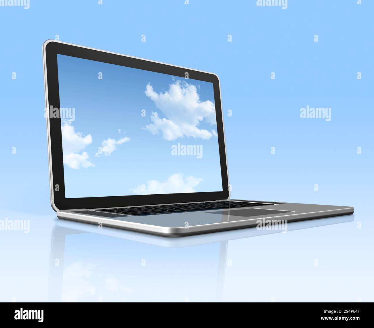 Computer portatile 3D con cielo sullo schermo isolato su blu con 2 percorsi di ritaglio: Uno per la scena globale e uno per lo schermo. Computer portatile con cielo Foto Stock