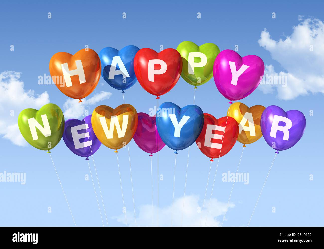 Palloncini colorati a forma di cuore che galleggiano in un cielo blu. felice anno nuovo palloncini a forma di cuore Foto Stock Palloncini colorati a forma di cuore che galleggiano in un cielo blu. felice anno nuovo palloncini a forma di cuore Foto Stock
