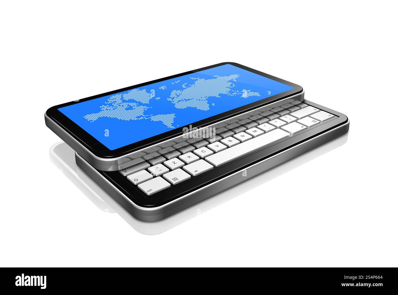 Telefono cellulare 3D, pda isolato su bianco con mappa del mondo sullo schermo. 2 percorso di ritaglio: uno per il telefono e uno per lo schermo. Telefono cellulare 3D, pda isolato Foto Stock