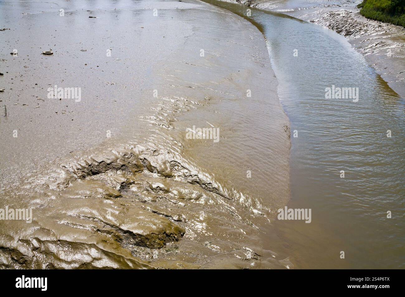 Fondo viscido e banca di fiume poco profondo Foto Stock