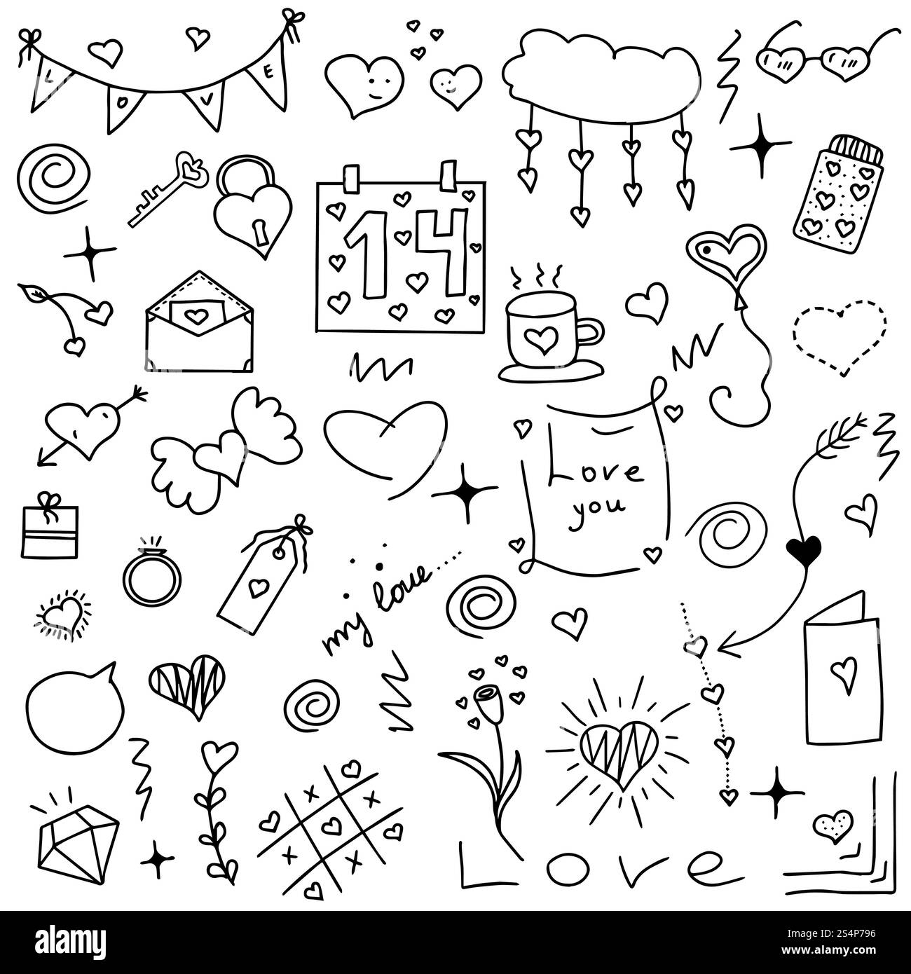 Doodle di San Valentino su sfondo bianco. Illustrazione Vettoriale