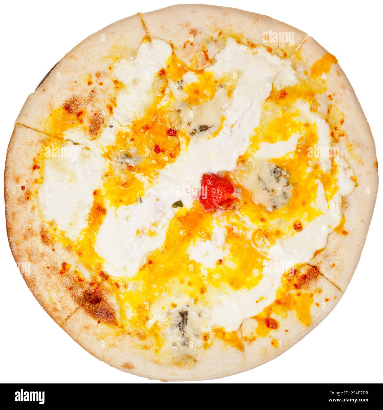 Vista superiore della pizza italiana Quatro formaggi isolati su sfondo bianco Foto Stock