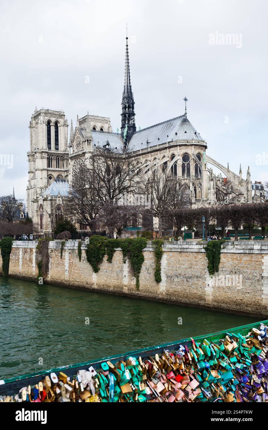 Pont de lArcheveche con lucchetti d'amore e cattedrale di Notre-Dame de Paris Foto Stock