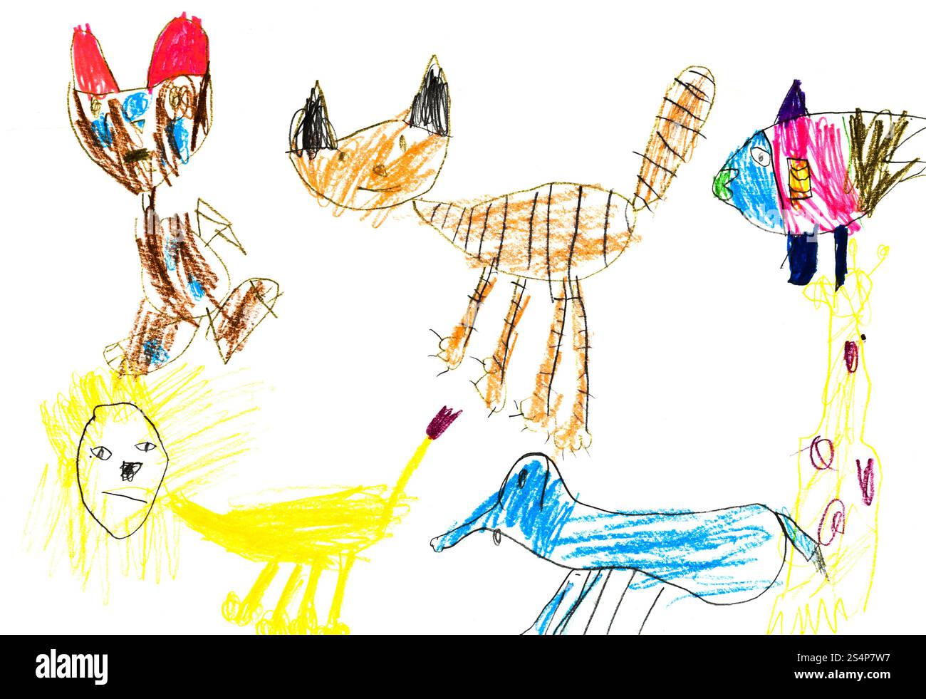bambini che disegnano - animali domestici gatto, cane, pesce Foto Stock