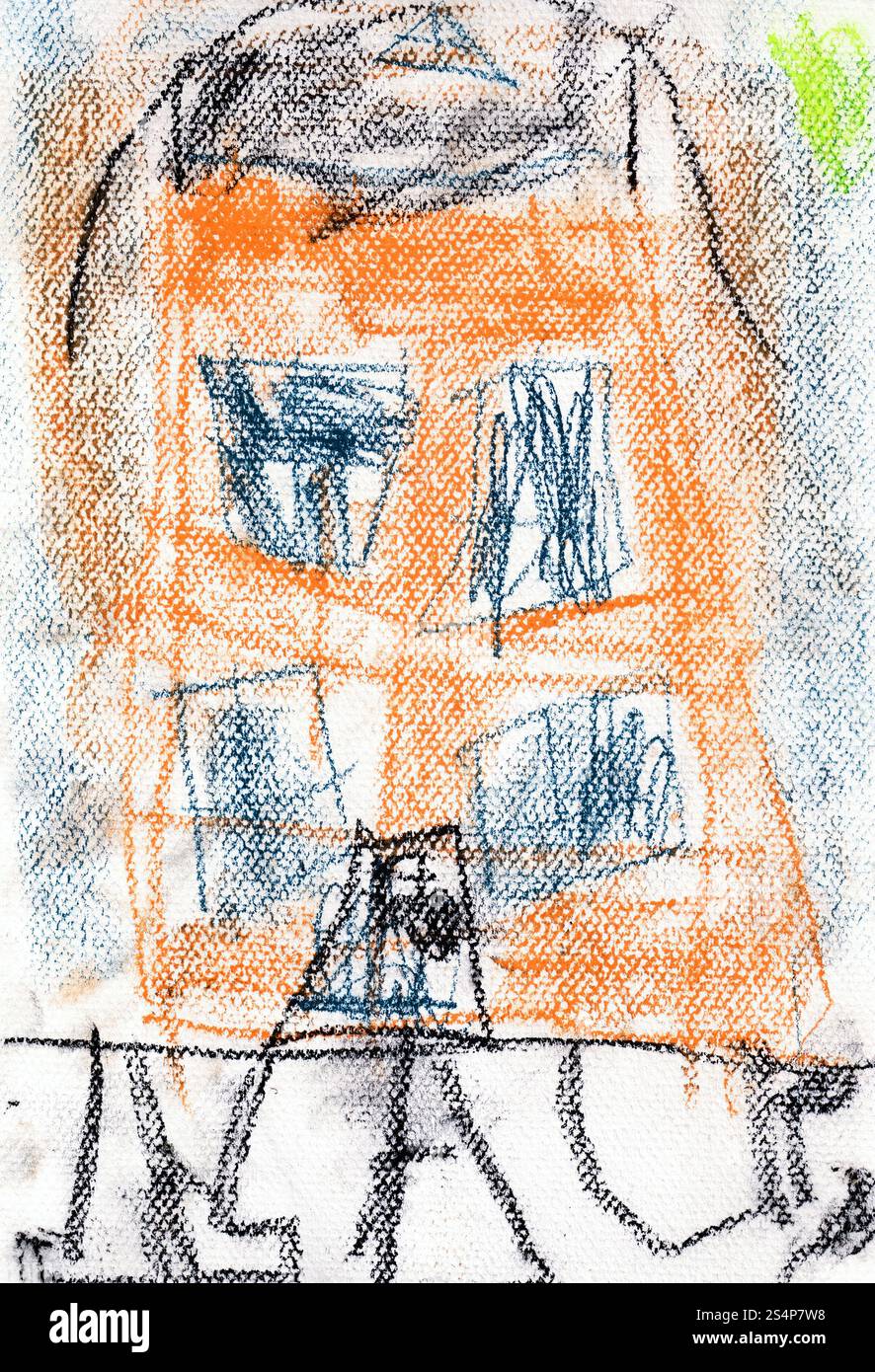 disegno dei bambini - casa urbana distrutta di notte Foto Stock