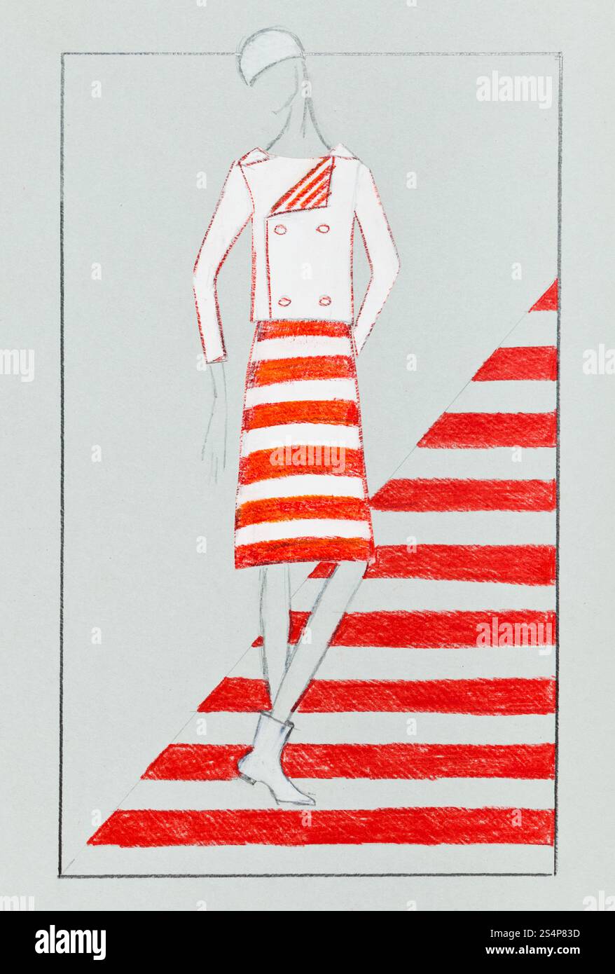 La moda del XX secolo - Le donne Abito casual giacca e gonna a strisce rosse e bianche in sessant anni Foto Stock