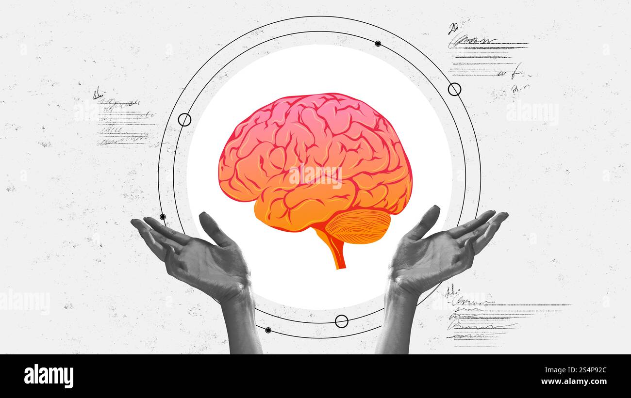 Immagine concettuale delle mani che presentano un cervello arancione e rosa vibrante, simboleggiando la salute mentale e la ricerca neurologica. Progettazione concettuale. Foto Stock
