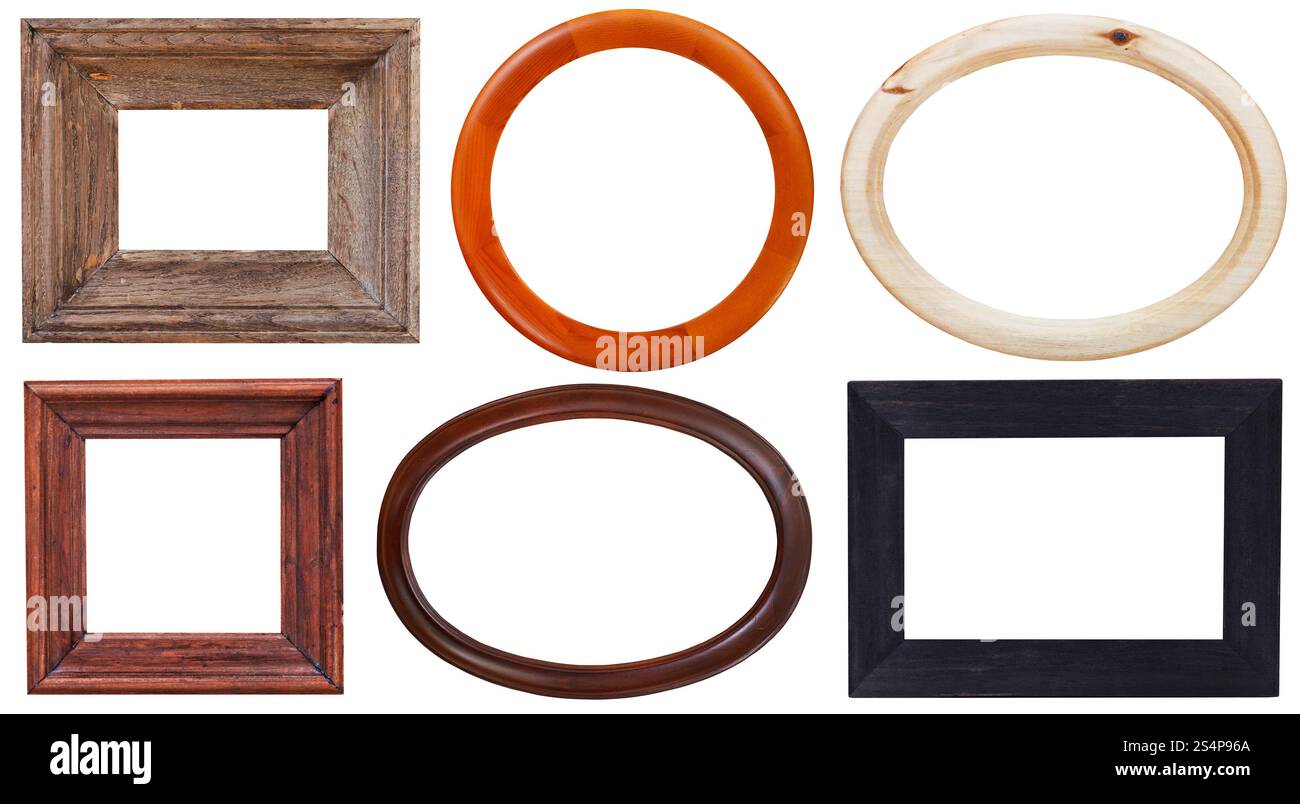 Set di foto in legno telaio con intaglio tela isolati su sfondo bianco Foto Stock
