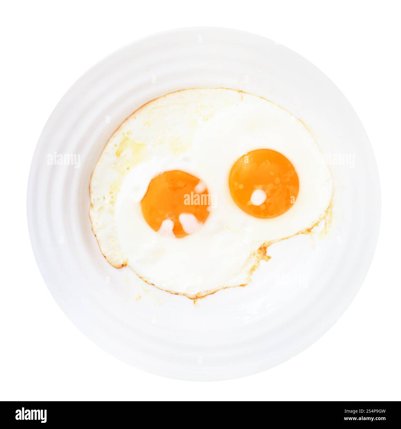 Piastra di colore bianco con due uova fritte isolati su sfondo bianco Foto Stock