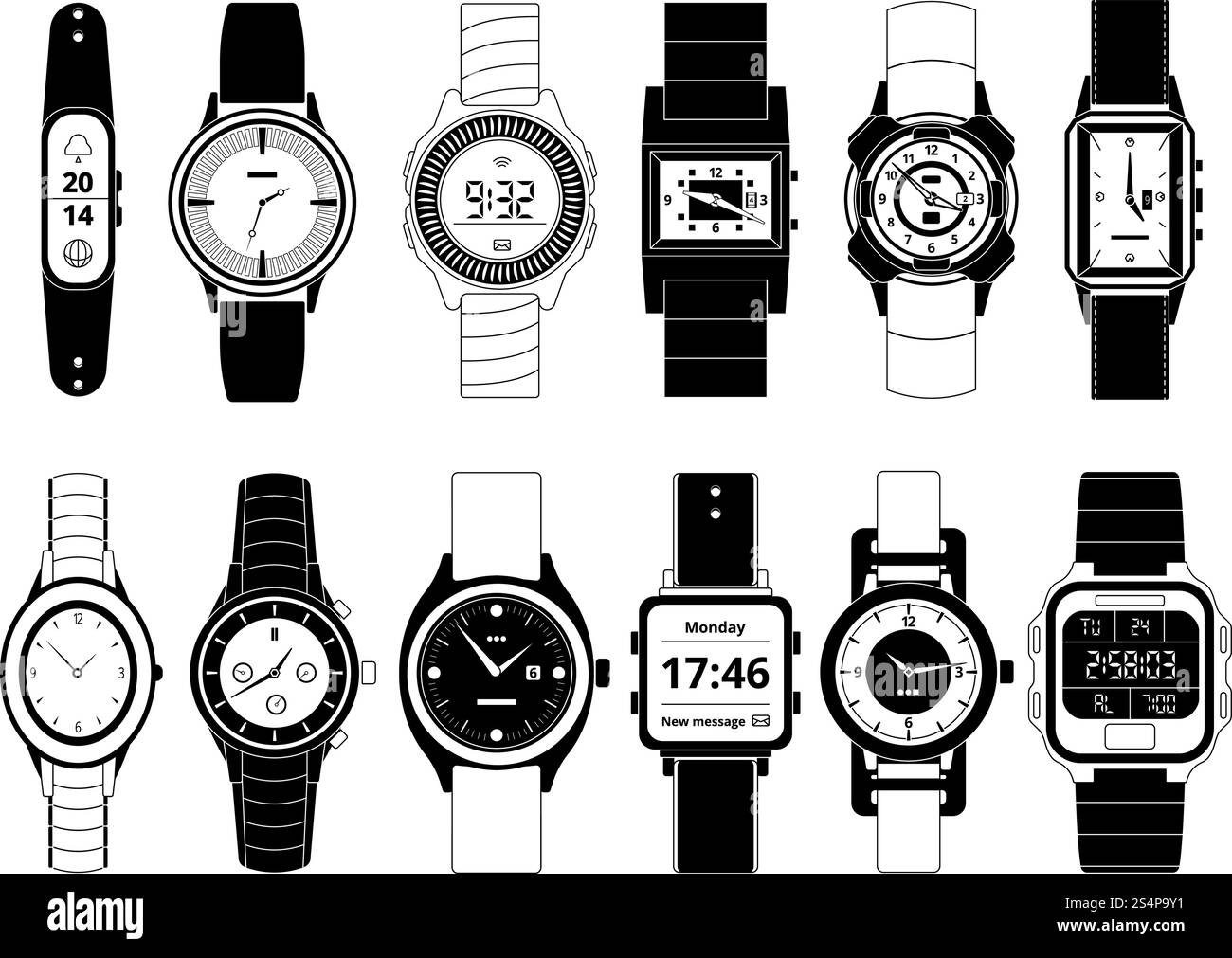 Orologi sportivi meccanici ed elettronici in stile monocromatico. Le immagini vettoriali impostano l'isolamento su bianco. Orologio da polso elettronico digitale e meccanico, illustrazione di moda e sport. Orologi sportivi meccanici ed elettronici in stile monocromatico. Le immagini vettoriali impostano l'isolamento su bianco Illustrazione Vettoriale