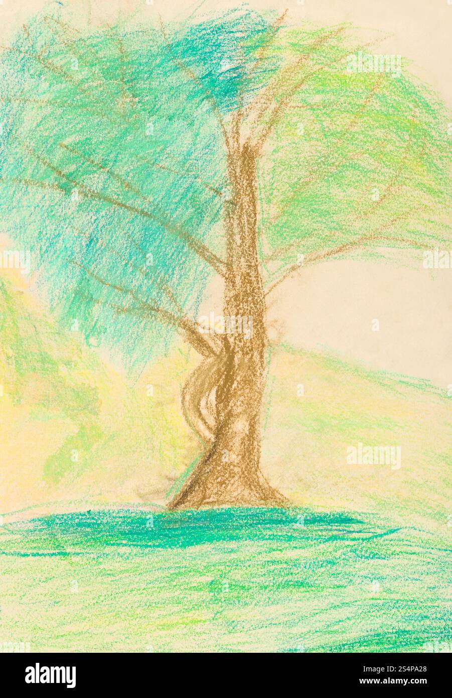 Bambini disegno - albero verde nel caldo giorno d'estate Foto Stock