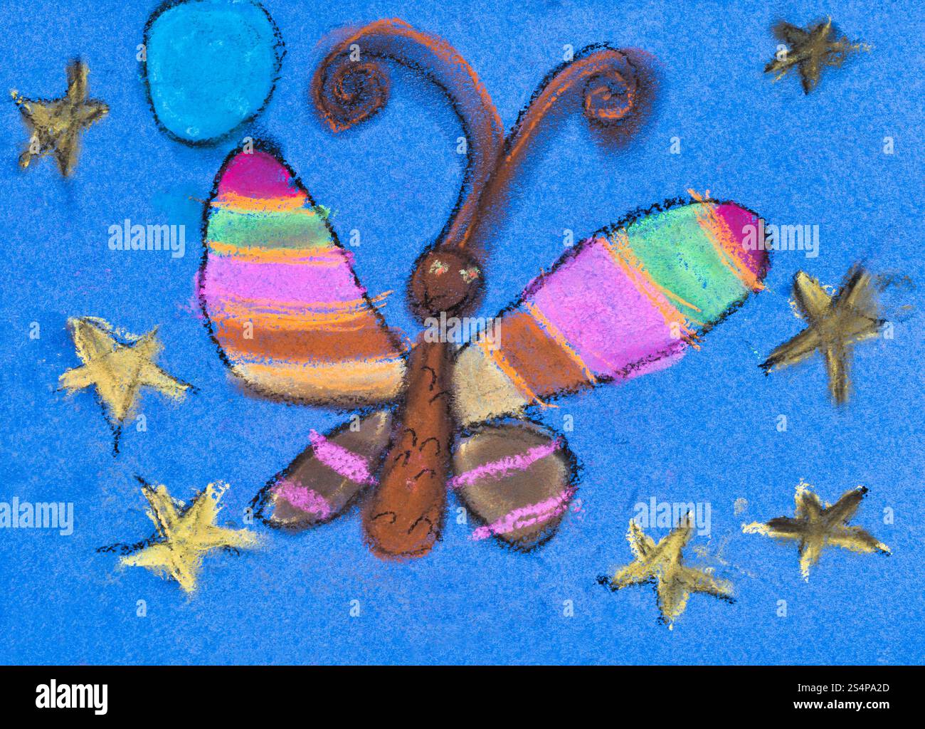 Bambini disegno - notte falena sotto la stella blu cielo Foto Stock