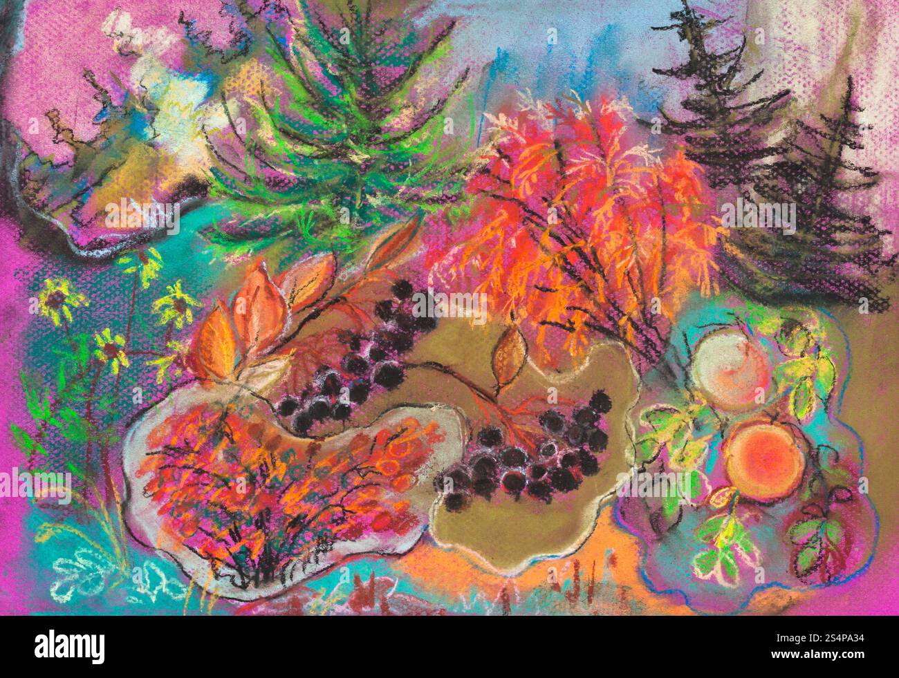 Bambini disegno - bright autunno stilizzata sullo sfondo della foresta Foto Stock