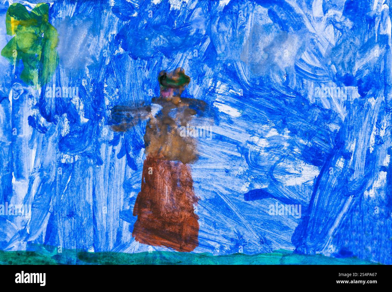 Bambini disegno - donna cammina nel buio della notte blu Foto Stock