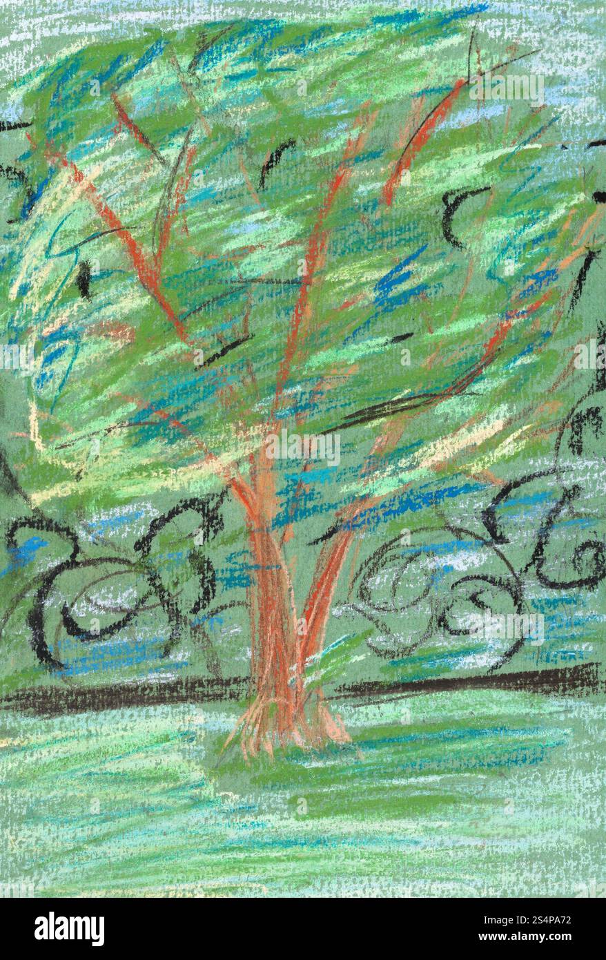 Bambini disegno - albero verde nel parco urbano in serata Foto Stock