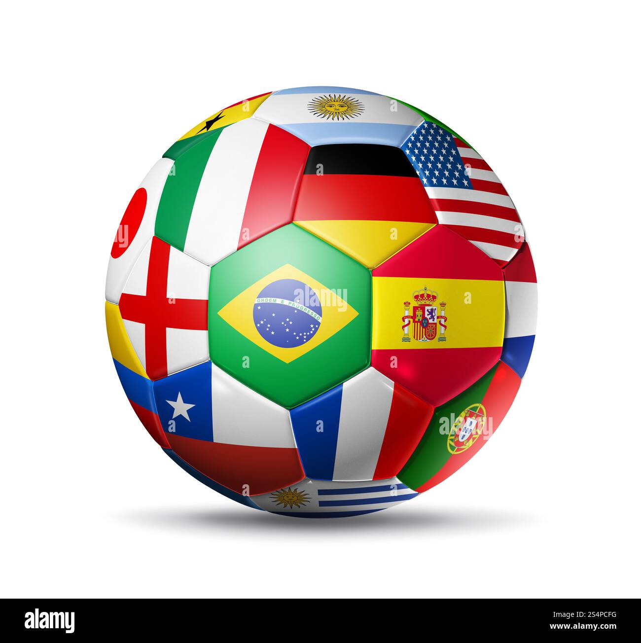 3D calcio pallone da calcio con squadre del mondo bandiere. Brasile coppa del mondo 2014. Isolato su bianco con tracciato di ritaglio Foto Stock