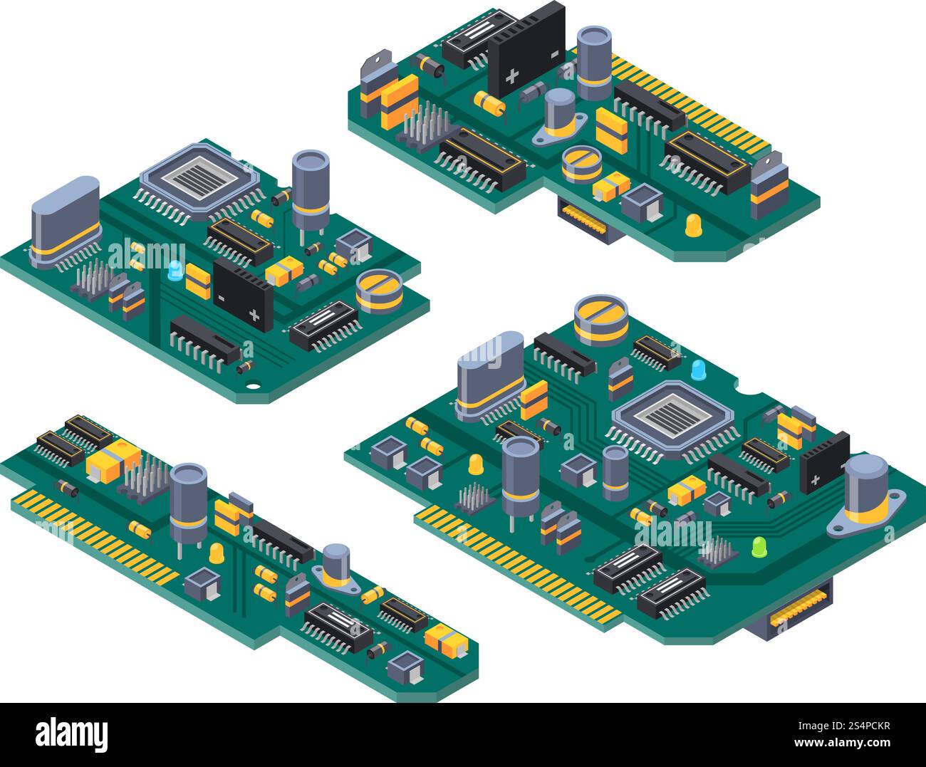Diverse schede per computer con semiconduttori, condensatore e chip. Circuito elettronico della scheda madre, microchip e semiconduttore. Illustrazione vettoriale. Diverse schede per computer con semiconduttori, condensatore e chip Illustrazione Vettoriale