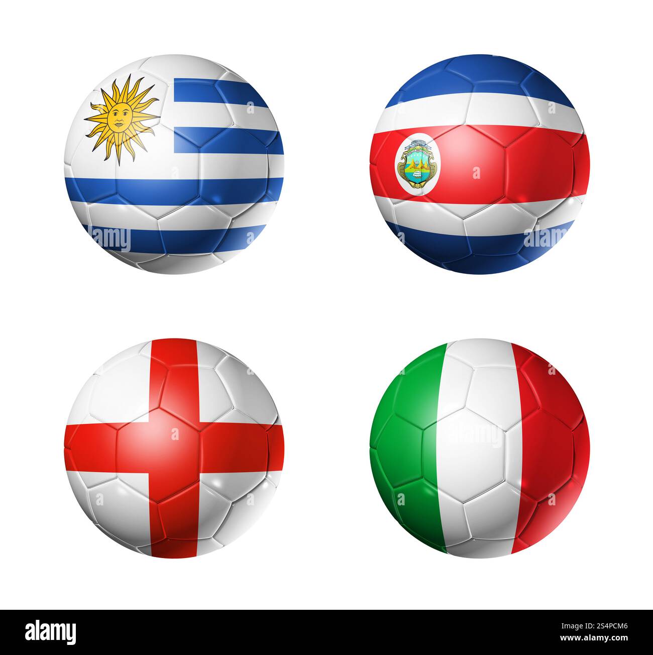 3D palloni da calcio con il gruppo d squadre bandiere, coppa del mondo di calcio Brasile 2014. isolato su bianco Foto Stock