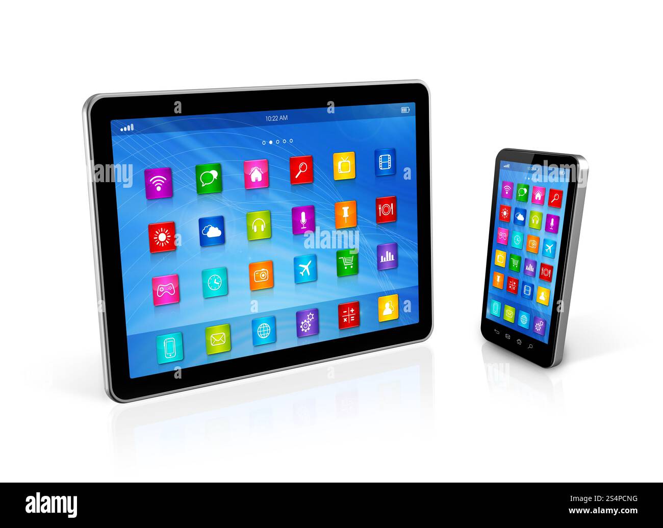 Smartphone 3D e computer tablet digitale isolati su bianco. Smartphone e computer tablet digitale Foto Stock