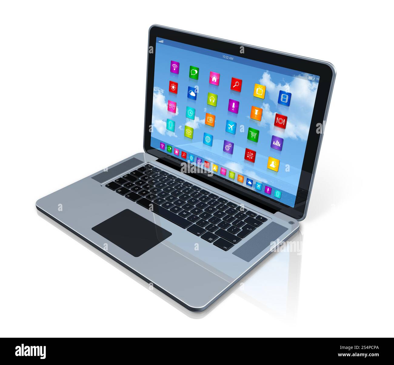 Computer portatile 3D - interfaccia delle icone delle app - isolato su bianco con percorso di ritaglio. Computer portatile - interfaccia delle icone delle app Foto Stock