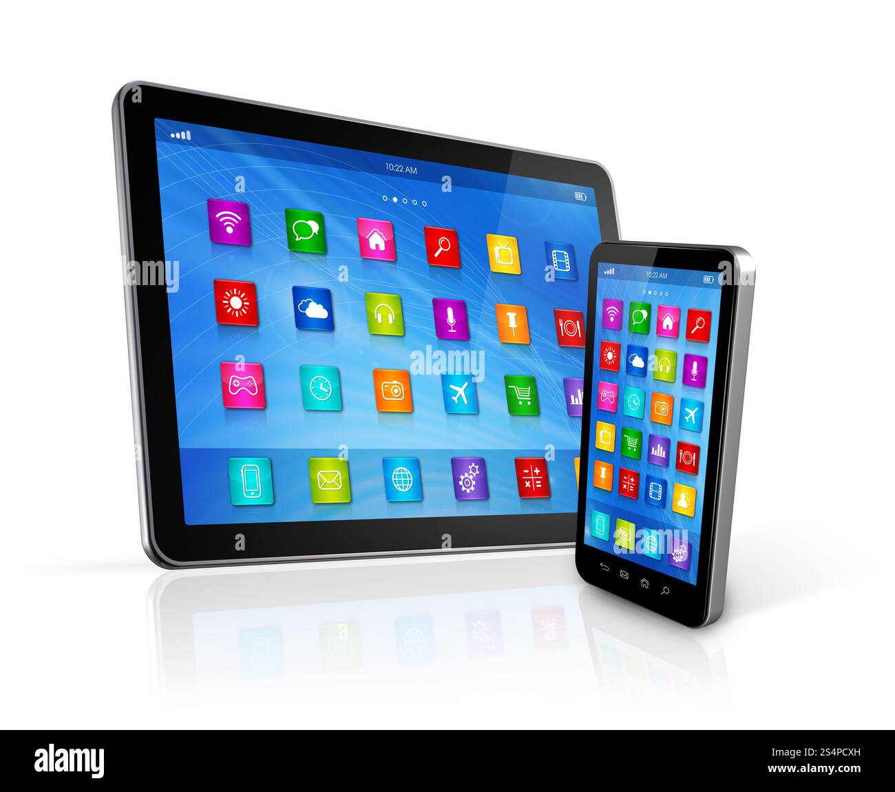 Smartphone 3D e computer tablet digitale isolati su bianco. Smartphone e computer tablet digitale Foto Stock