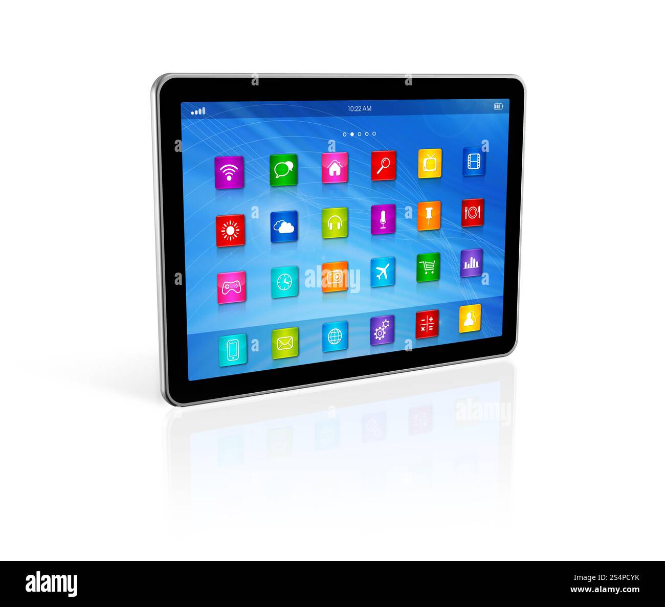 Tablet computer digitale 3D - interfaccia icone app - isolato su bianco con percorso di ritaglio. Computer tablet digitale - interfaccia icone app Foto Stock